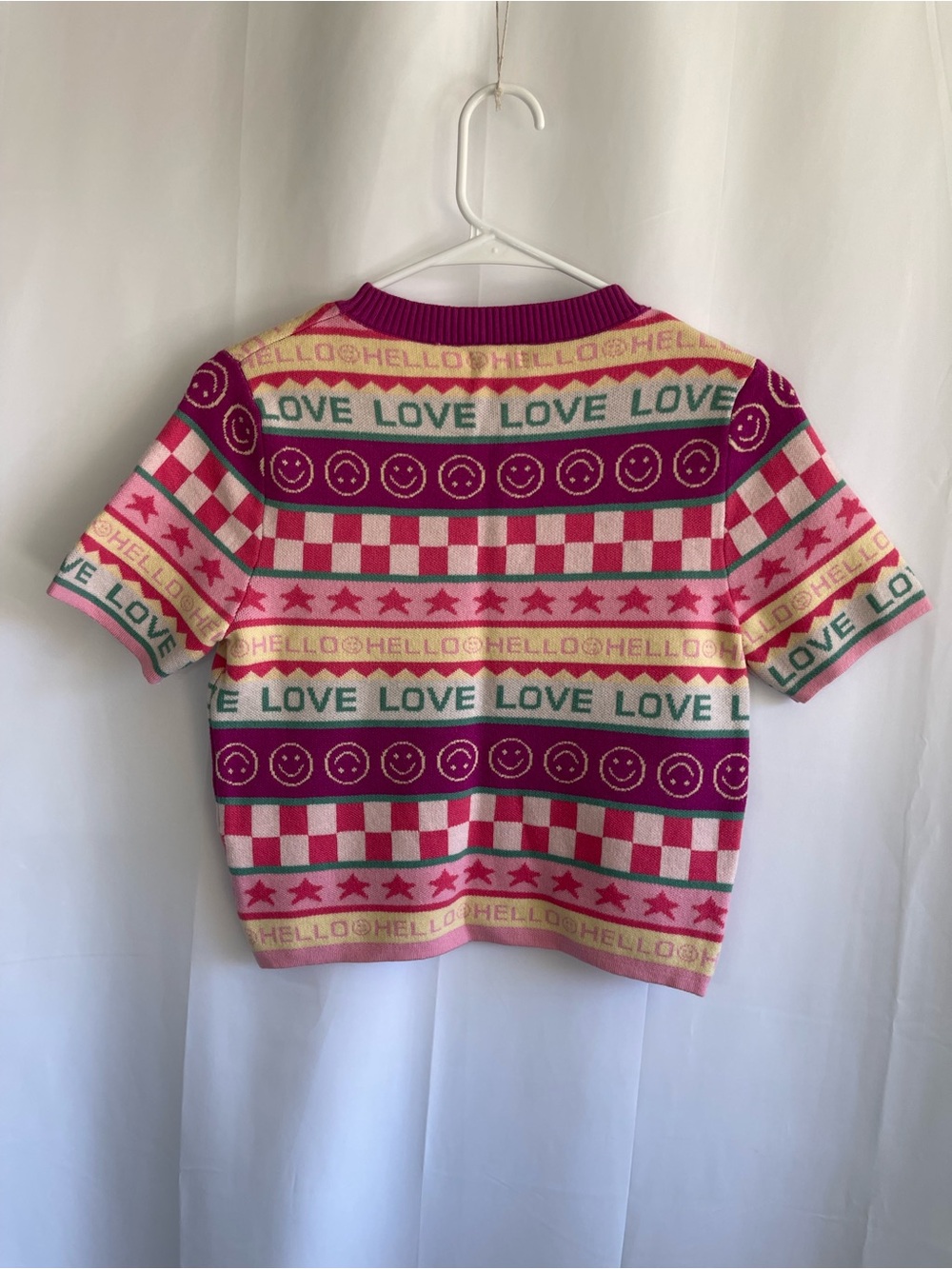 debut Pink Magenta Teal LOVE Pattern Short Sleeve Knit Top - Picture 5 of 6